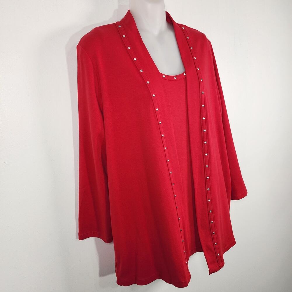 Rafaella Women 2 Piece Knit Cardigan Tank Set Studded 3/4 Sleeve Red Size Large - Picture 10 of 14